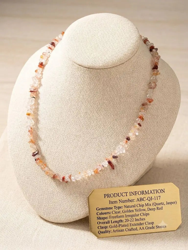 Natural Chip Mix (Quartz, Jasper), Golden Yellow & Deep Red Color, Length 20-22 inches (adjustable), ABC-QJ-117
